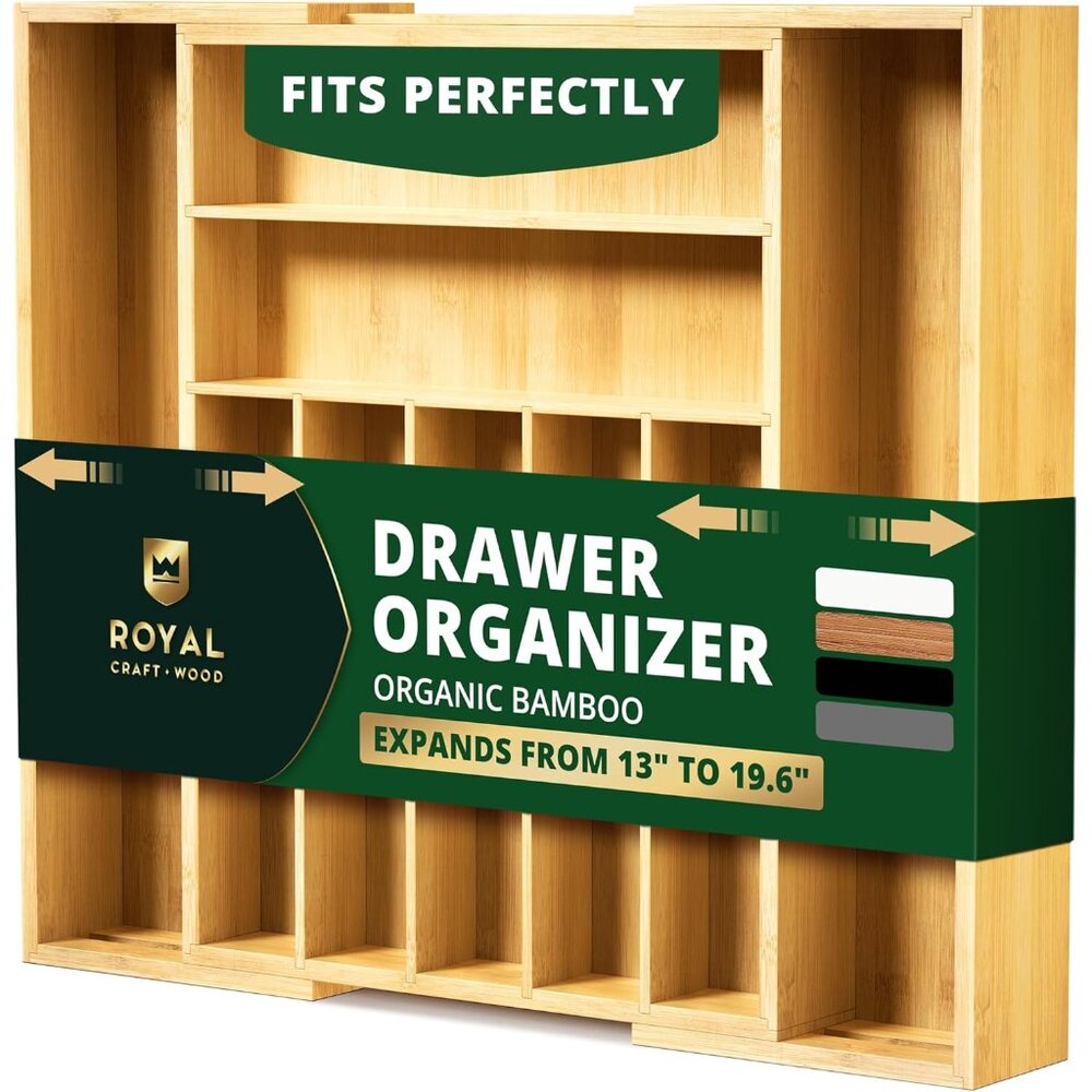 Luxury Bamboo Kitchen Drawer Organizer - Silverware Organizer, Utensil Holder &